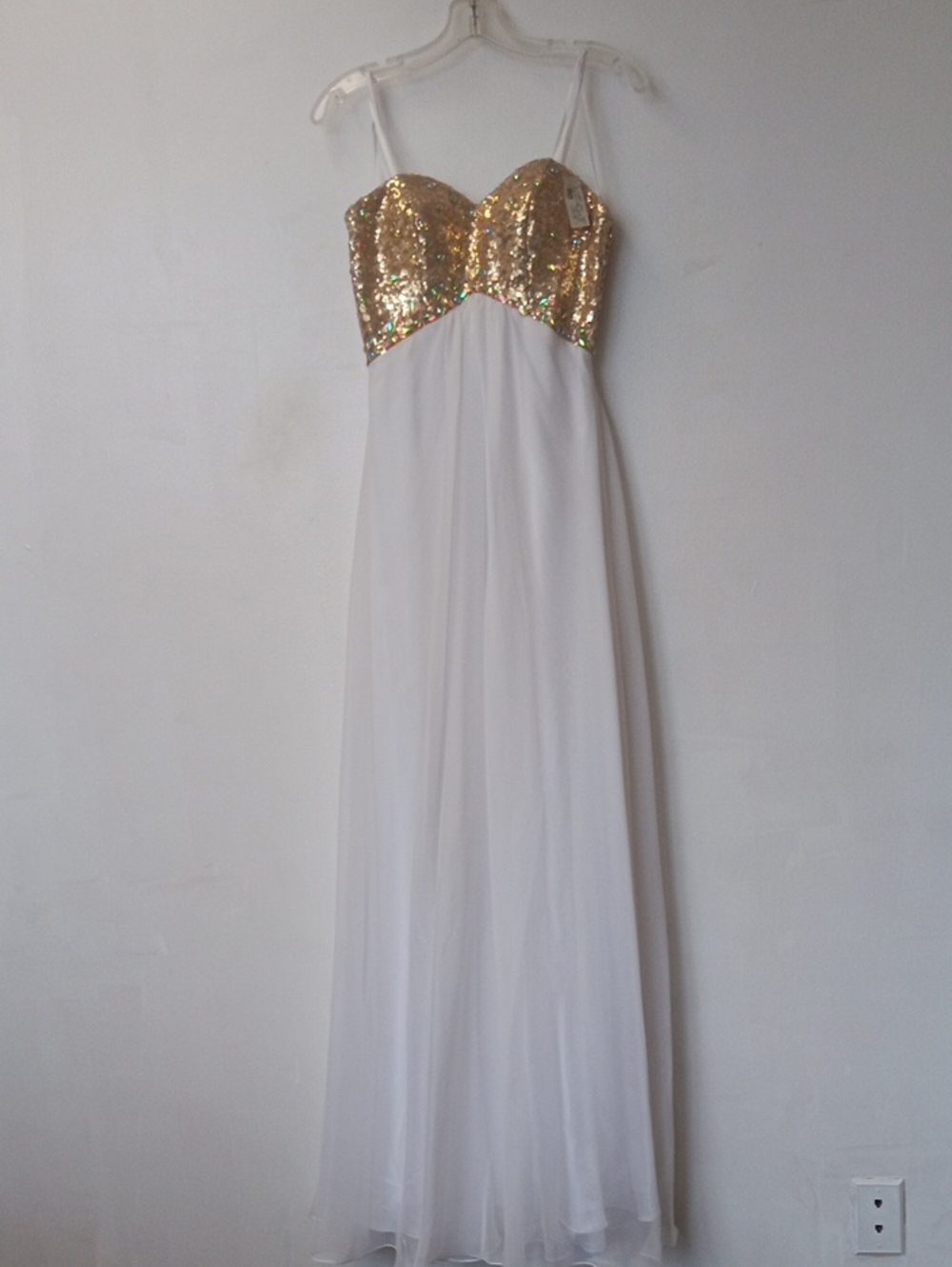 Faviana Gold Sequin Bust White Maxi Dress